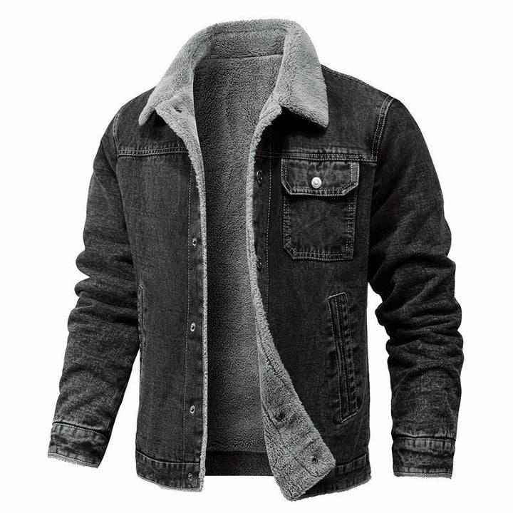 Men's washed denim worker jacket with teddy lining and inset side pockets Hudson & Parker