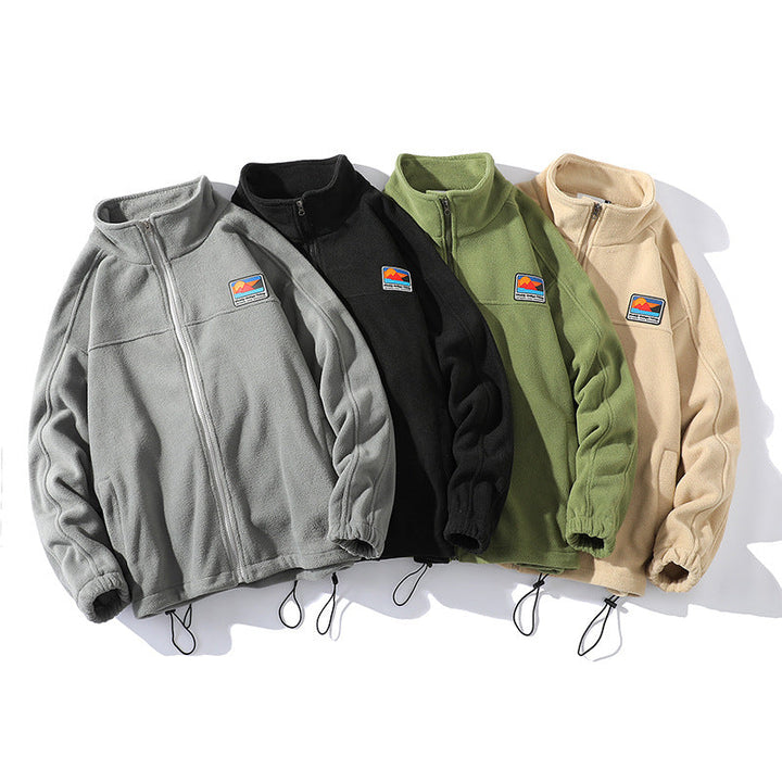 Men's fleece jacket with stand-up collar, full zip, elastic drawstring, and badge patch Hudson & Parker