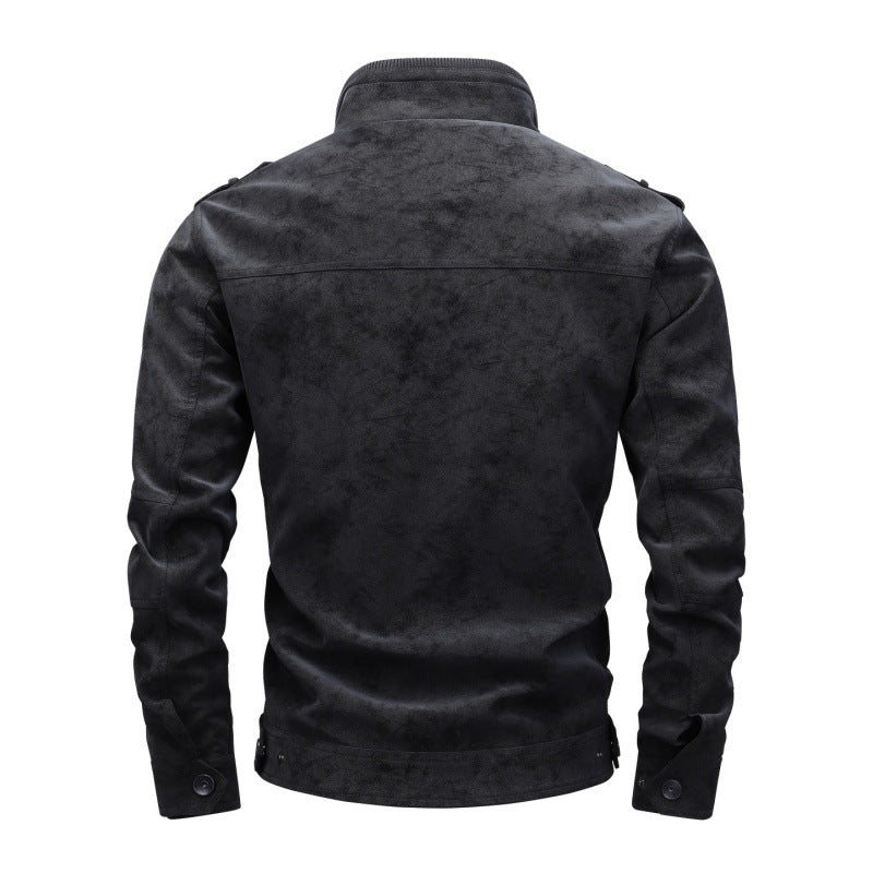 Men's utility faux leather jacket with stand-up collar, shoulder flaps, and multiple chest pockets Hudson & Parker