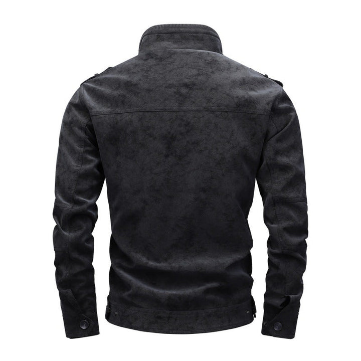 Men's utility faux leather jacket with stand-up collar, shoulder flaps, and multiple chest pockets Hudson & Parker