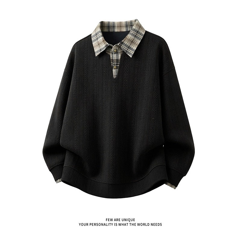 Men's layered look pullover with integrated check shirt collar Hudson & Parker
