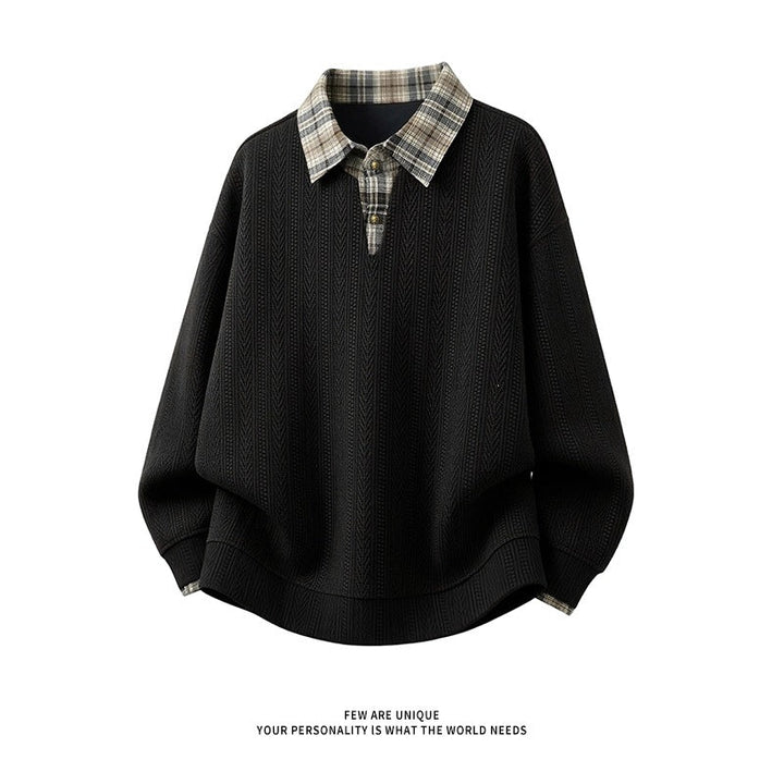 Men's layered look pullover with integrated check shirt collar Hudson & Parker