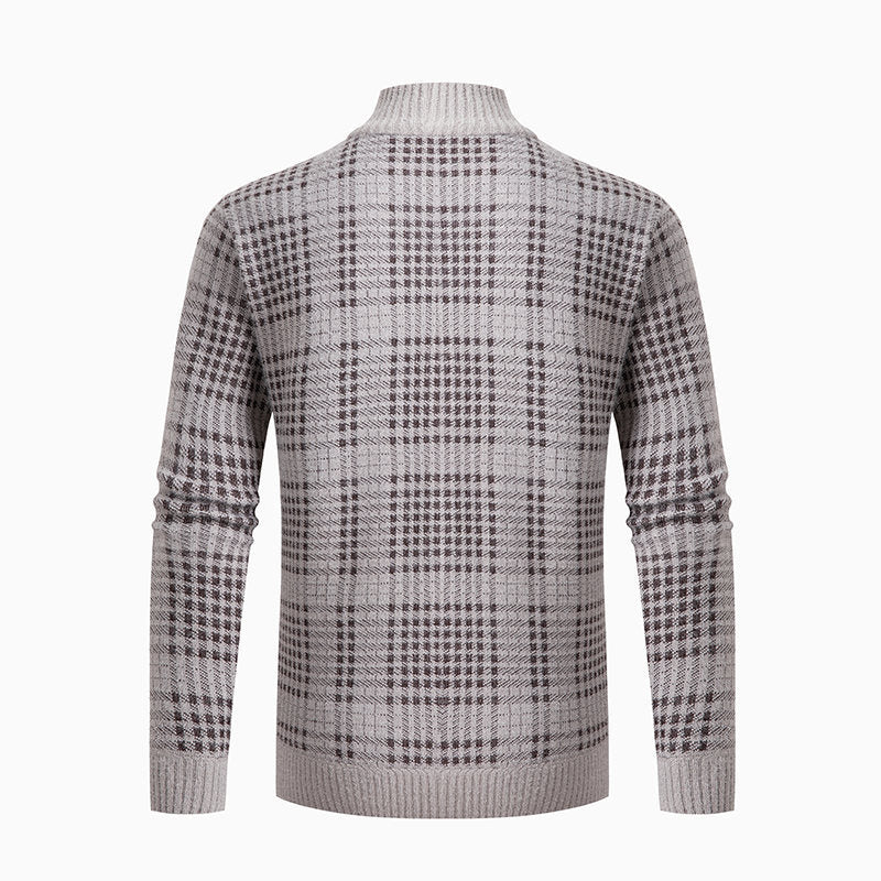 Men's fine knit zip cardigan with glencheck pattern, stand-up collar and two-way zipper Hudson & Parker