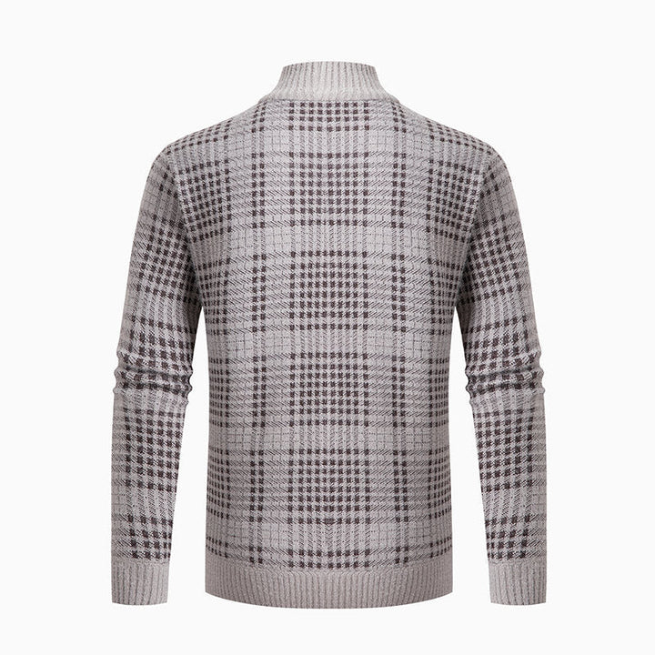 Men's fine knit zip cardigan with glencheck pattern, stand-up collar and two-way zipper Hudson & Parker