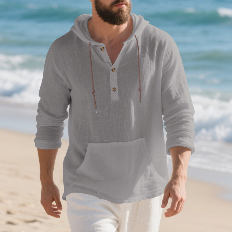 Men's lightweight hooded henley made of linen- blend with kangaroo pocket and button placket Hudson & Parker