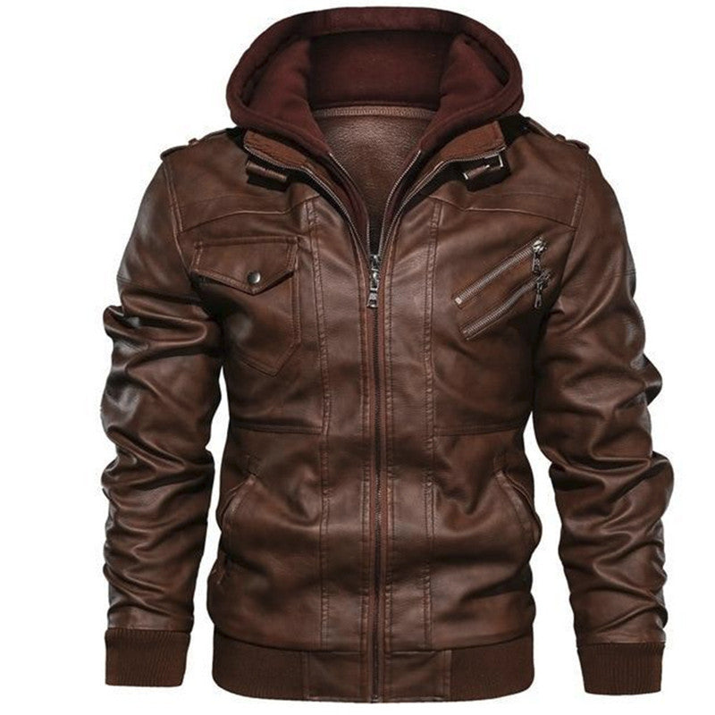 Men's Hooded Faux Leather Jacket in Biker Style with Zipper Pockets and Ribbed Cuffs Hudson & Parker