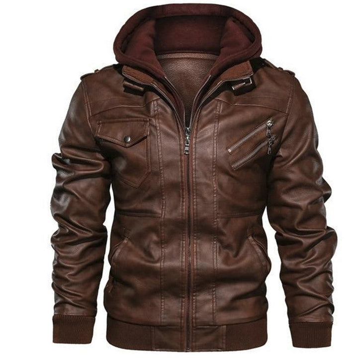 Men's Hooded Faux Leather Jacket in Biker Style with Zipper Pockets and Ribbed Cuffs Hudson & Parker