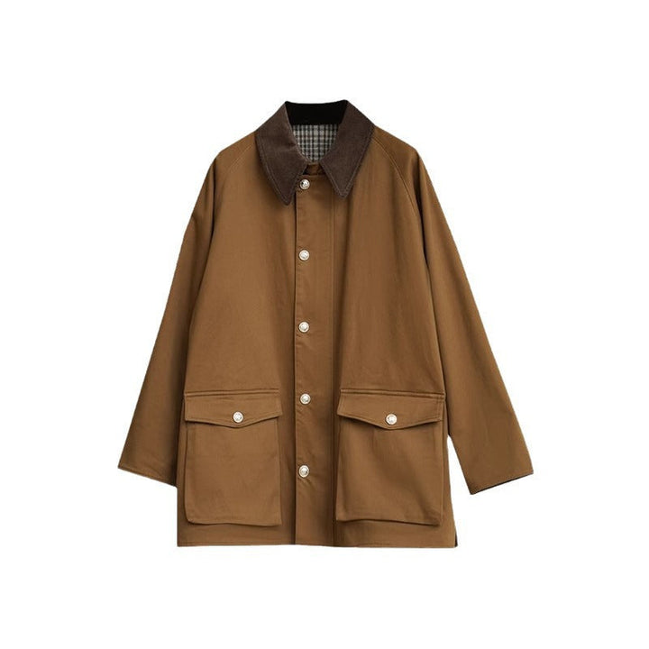Men's short field coat with cord collar, snap button placket and patch pockets.