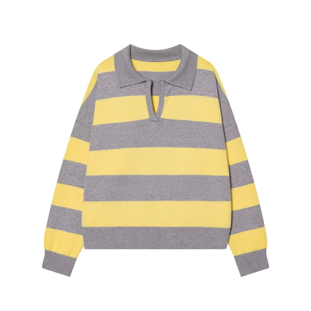 Women Oversize Cropped Rugby Sweater with Polo Collar and V-Neck Hudson & Parker