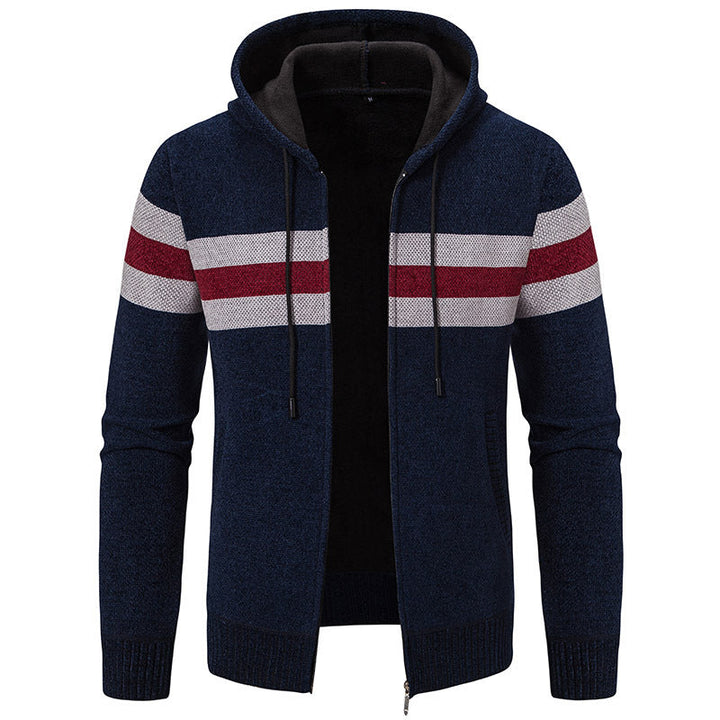 Men's hooded sweater jacket with full zip, contrast stripes, and side pockets Hudson & Parker