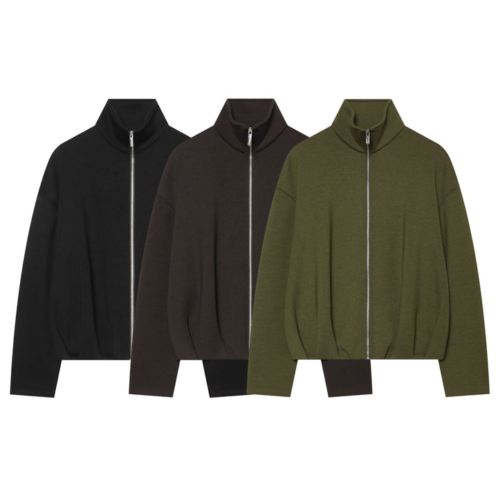 Women's cropped sweat jacket with high stand-up collar, full-length zipper and tailored drawstring hem Hudson & Parker