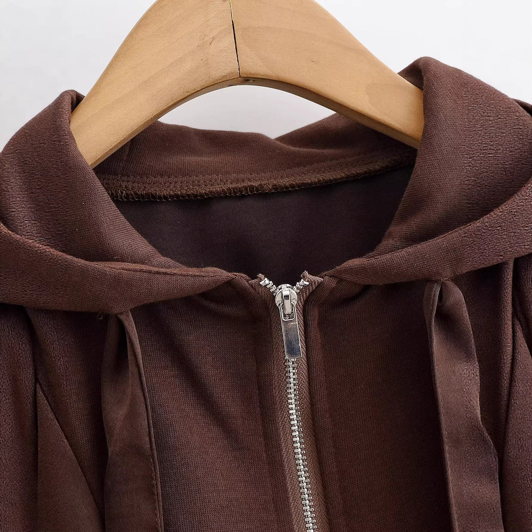 Women's Cropped Hooded Jacket with Zipper, Oversized Sleeves and Wide Ribbed Hem Hudson & Parker