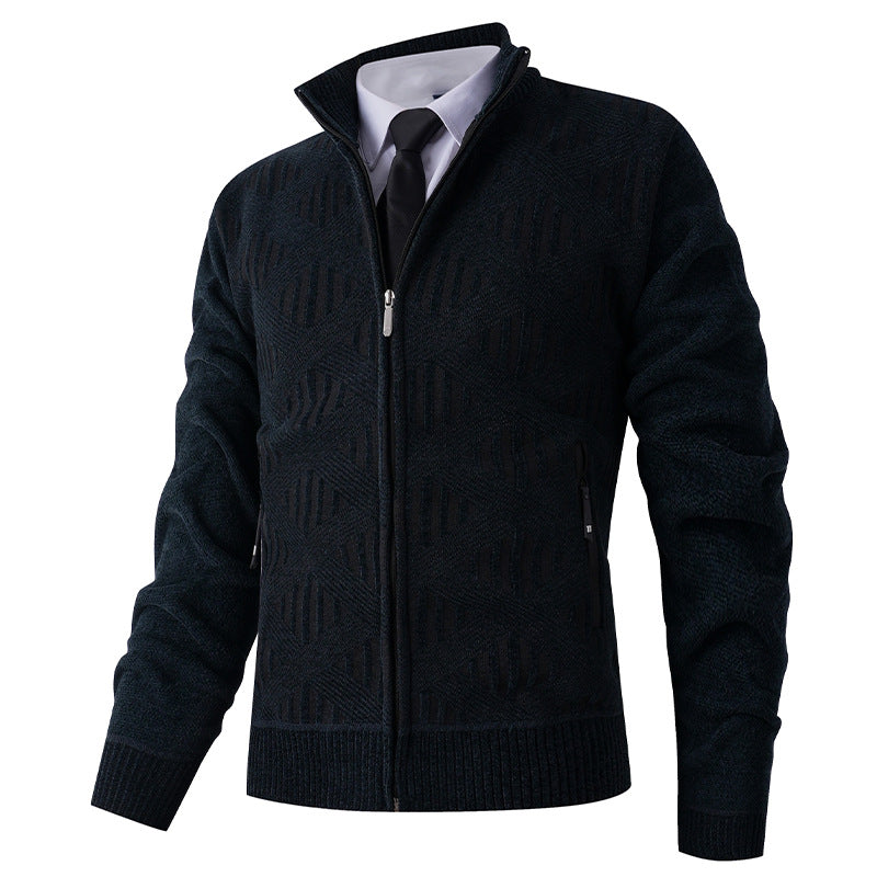 Men's Geometric Jacquard Zip Cardigan with Stand-Up Collar and Zipper Pockets Hudson & Parker
