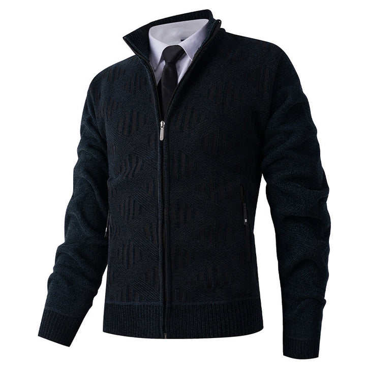 Men's Geometric Jacquard Zip Cardigan with Stand-Up Collar and Zipper Pockets Hudson & Parker