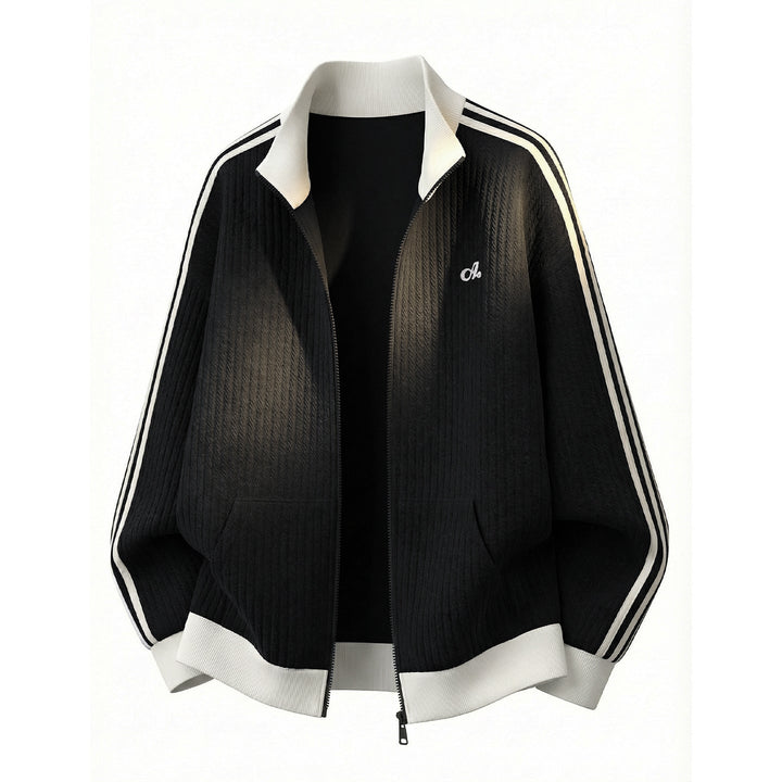 Unisex locker cut sports jacket with ribbed texture, stand-up collar and striped sleeves Hudson & Parker
