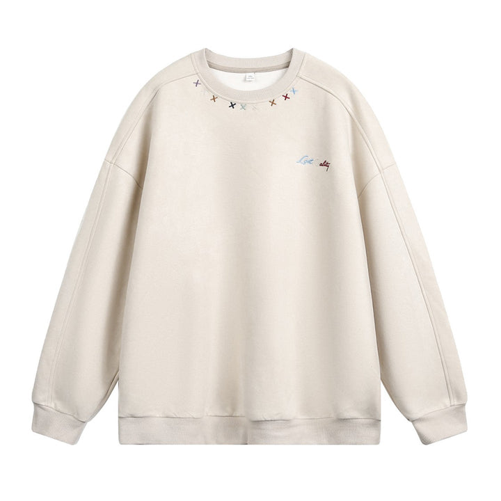 Unisex Oversize Round Neck Sweatshirt with Colorful Collar Embroidery and Drop Shoulder Hudson & Parker