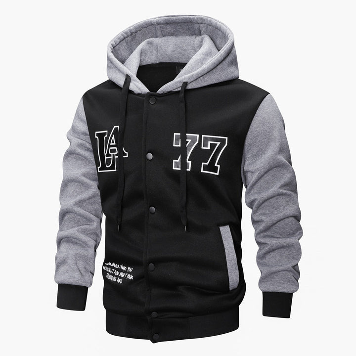 Men's varsity hooded jacket in college look with print, snap button front and contrast sleeves Hudson & Parker