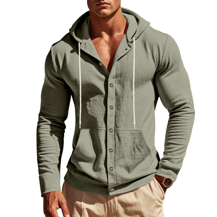 Men's slim-fit hoodie cardigan with full button placket, mounted kangaroo pocket, and lightweight structured knit Hudson & Parker