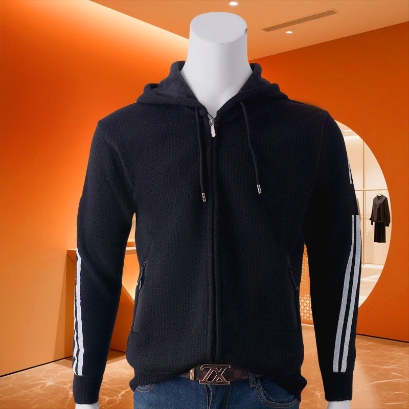 Men's hooded sweat jacket with zipper, textured knit, side pockets and contrast stripes Hudson & Parker