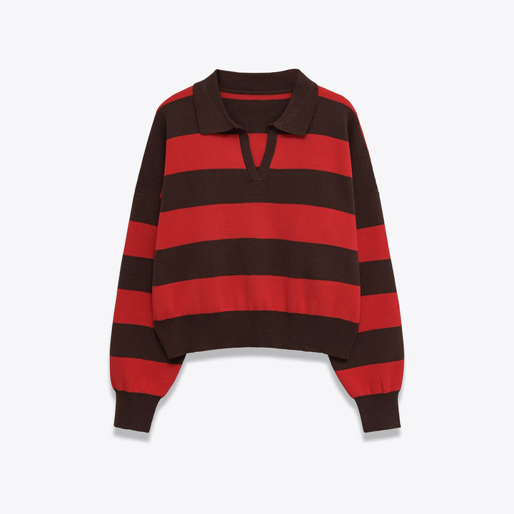 Women Cropped Oversize Rugby Pullover with Polo Collar and Deep V Neck Hudson & Parker