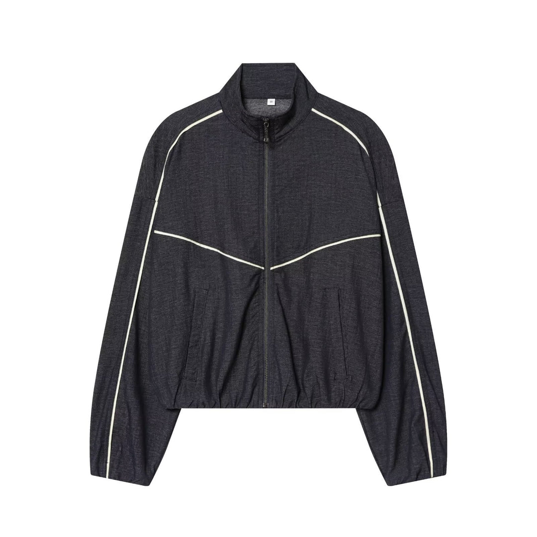 Women's Cropped Track Jacket with Stand Collar and Contrast Piping Hudson & Parker