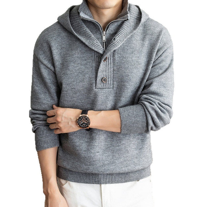 Men's fine knit hooded pullover with half zipper and button placket Hudson & Parker
