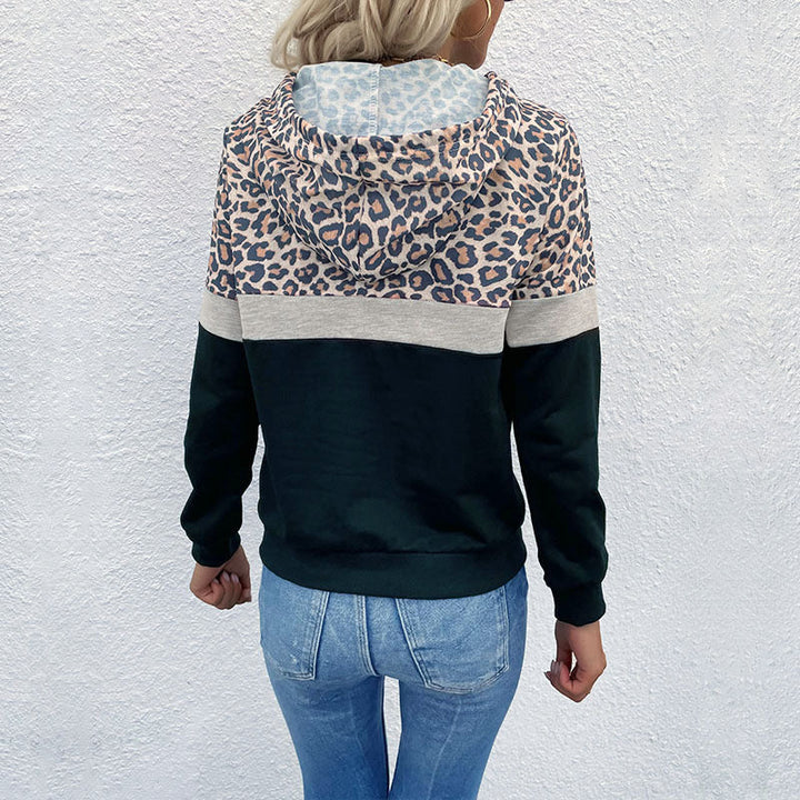 Women's hoodie with leopard print, color block insert and kangaroo pocket Hudson & Parker Fashion