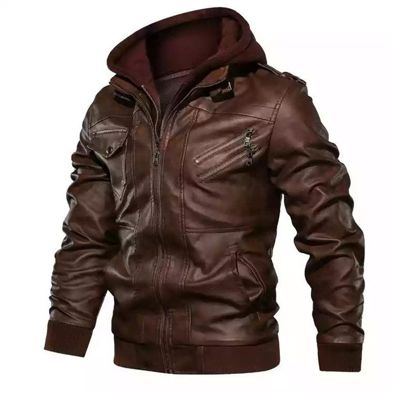 Men's Hooded Faux Leather Jacket in Biker Style with Zipper Pockets and Ribbed Cuffs Hudson & Parker