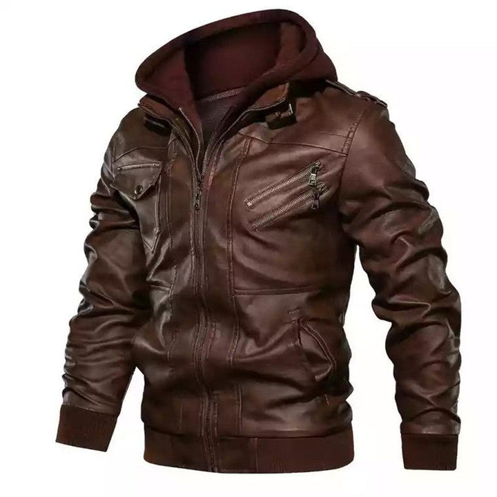 Men's Hooded Faux Leather Jacket in Biker Style with Zipper Pockets and Ribbed Cuffs Hudson & Parker