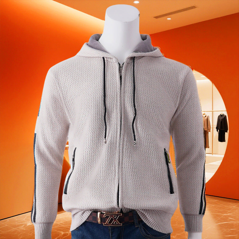 Men's hooded sweat jacket with zipper, textured knit, side pockets and contrast stripes Hudson & Parker
