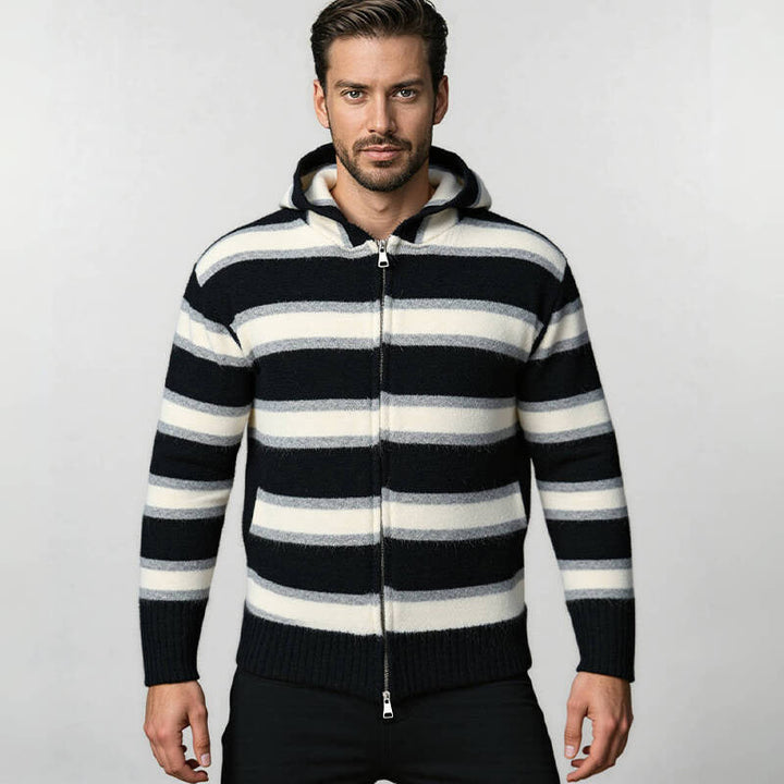 Men's Striped Knit Hoodie with Full Zipper and Ribbed Cuffs Hudson & Parker