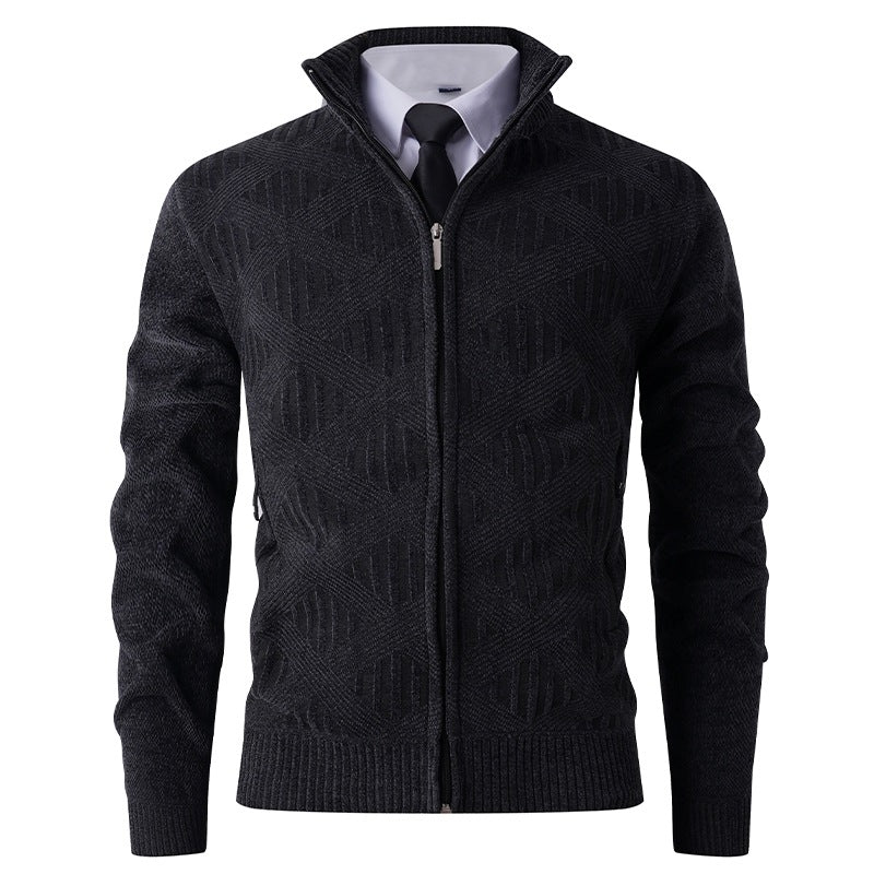 Men's Geometric Jacquard Zip Cardigan with Stand-Up Collar and Zipper Pockets Hudson & Parker