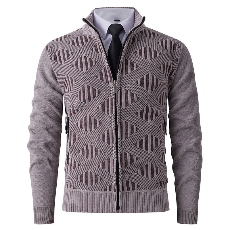 Men's Geometric Jacquard Zip Cardigan with Stand-Up Collar and Zipper Pockets Hudson & Parker