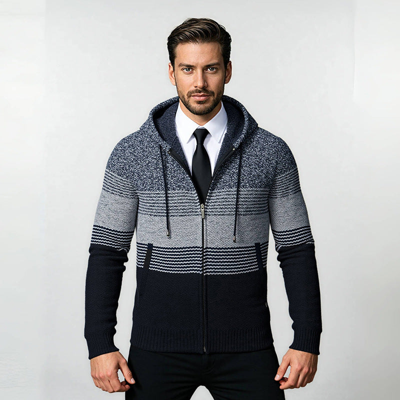 Men's hooded knit zip jacket with gradient block stripe pattern and thermal structure Hudson & Parker