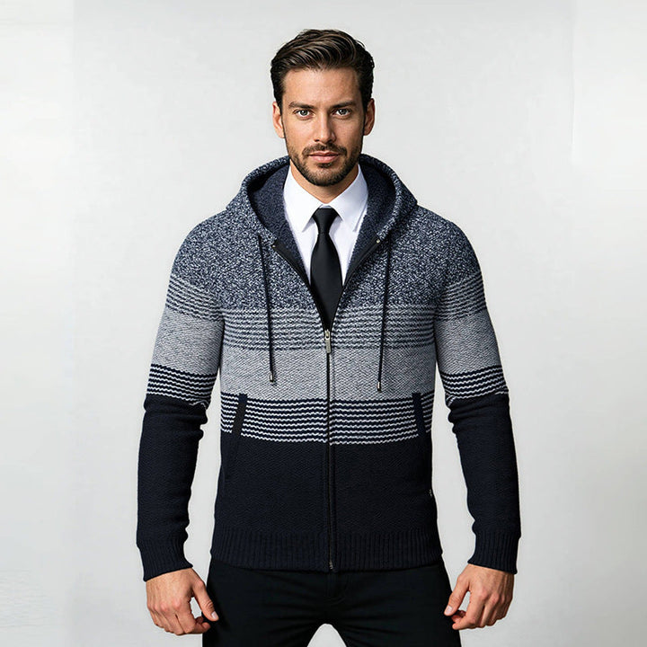 Men's hooded knit zip jacket with gradient block stripe pattern and thermal structure Hudson & Parker