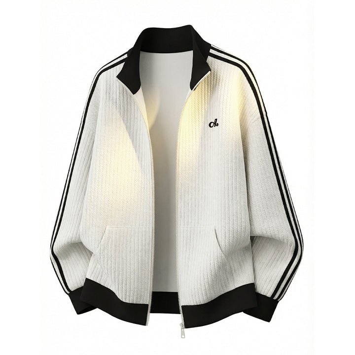 Unisex locker fit training jacket in retro tennis style with textured knit and two stripe sleeves Hudson & Parker