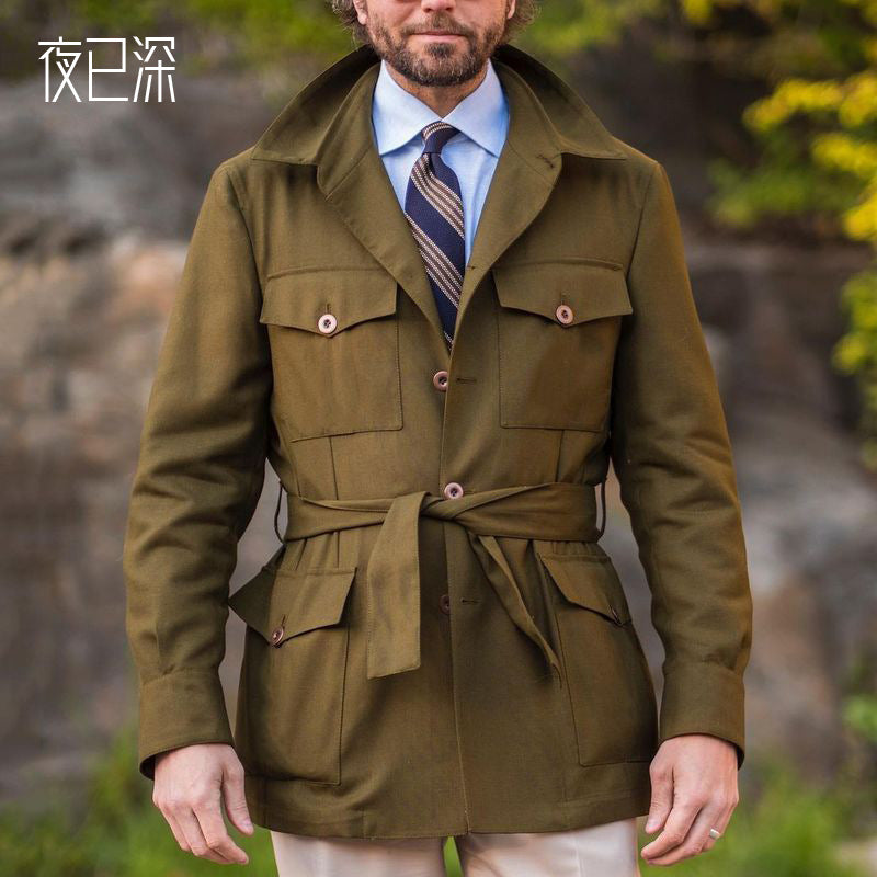 Men's Tailored Field Jacket with Tie Belt, Flap Pockets and Kent Collar Hudson & Parker