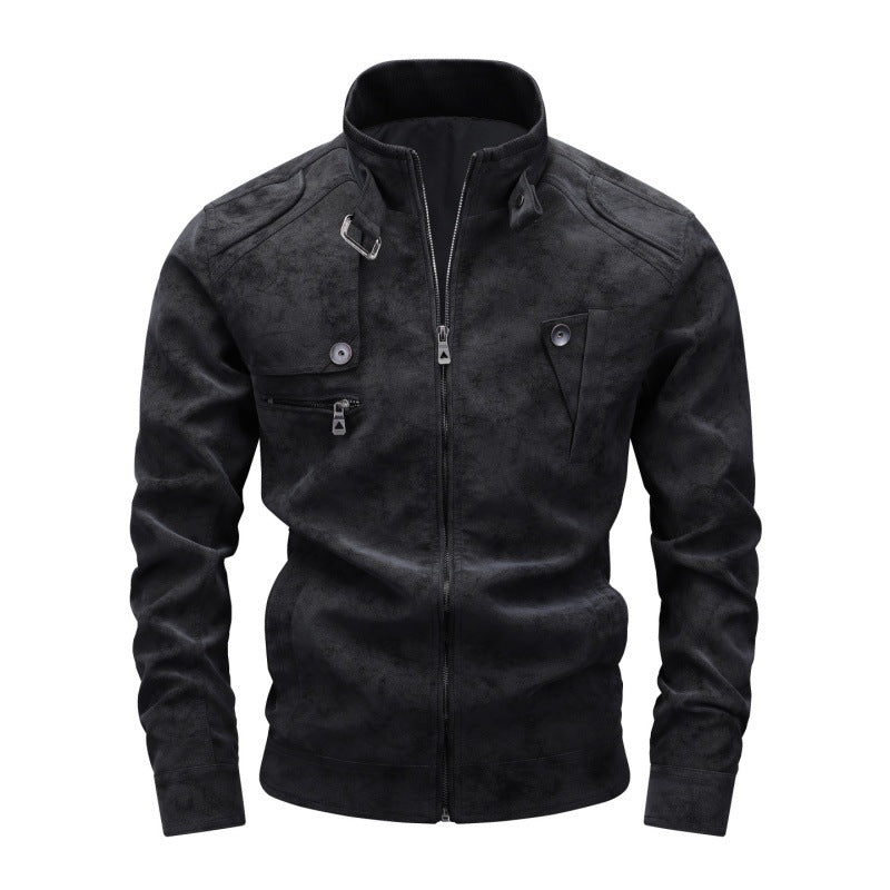 Men's Vintage Utility Faux Leather Jacket with Stand Collar and Multiple Pockets Hudson & Parker
