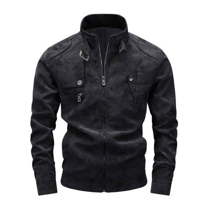 Men's Vintage Utility Faux Leather Jacket with Stand Collar and Multiple Pockets Hudson & Parker