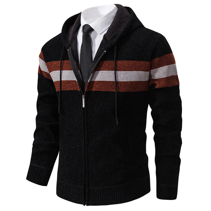 Men's Knitted Hooded Cardigan with Contrast Stripes and Zipper Hudson & Parker