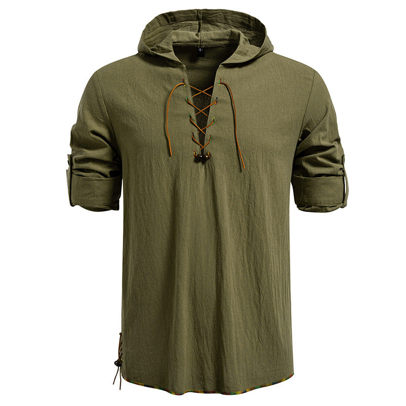 Men's Lightweight Hoodie Shirt with Decorative Lacing, Short Sleeve and Longline Cut Hudson & Parker