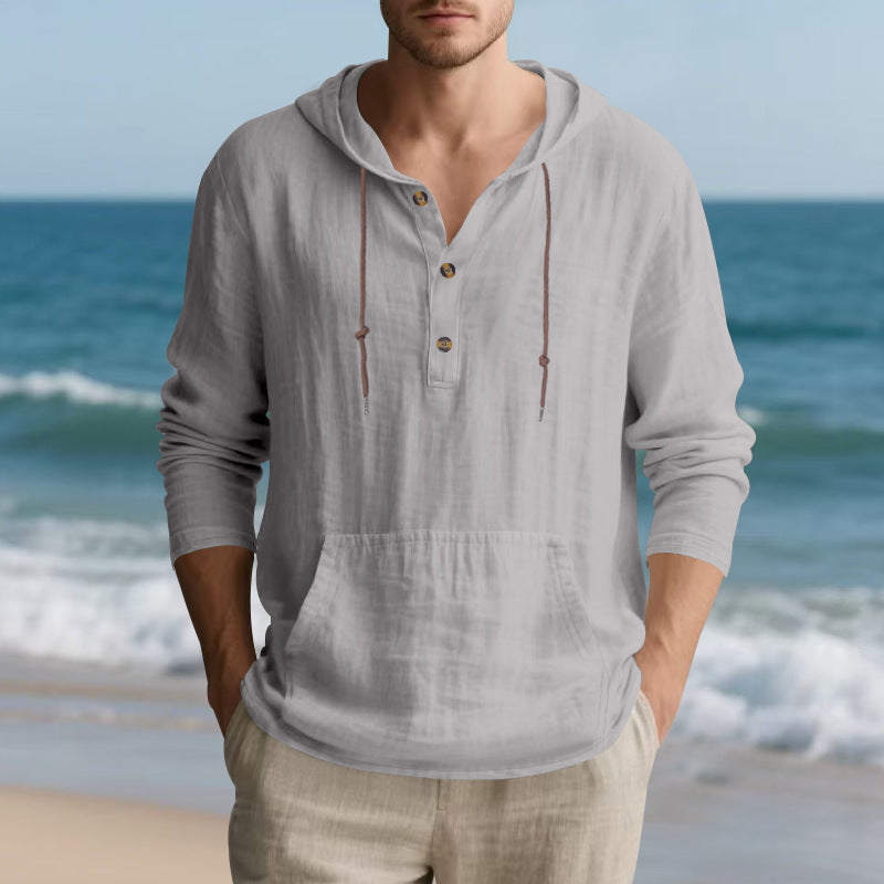 Men's lightweight hooded henley made of linen- blend with kangaroo pocket and button placket Hudson & Parker