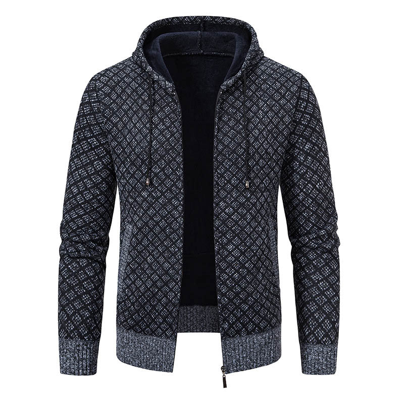 Men's jacquard zip knit jacket with hood and warm fleece lining Hudson & Parker