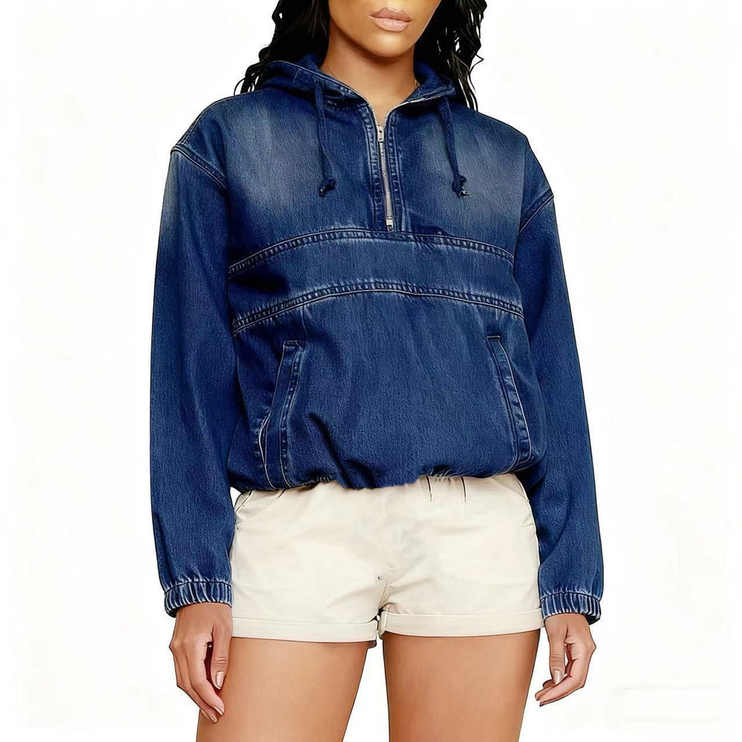 Women's Jeans Hoodie with Half Zip, Hood and Elastic Hem Hudson & Parker