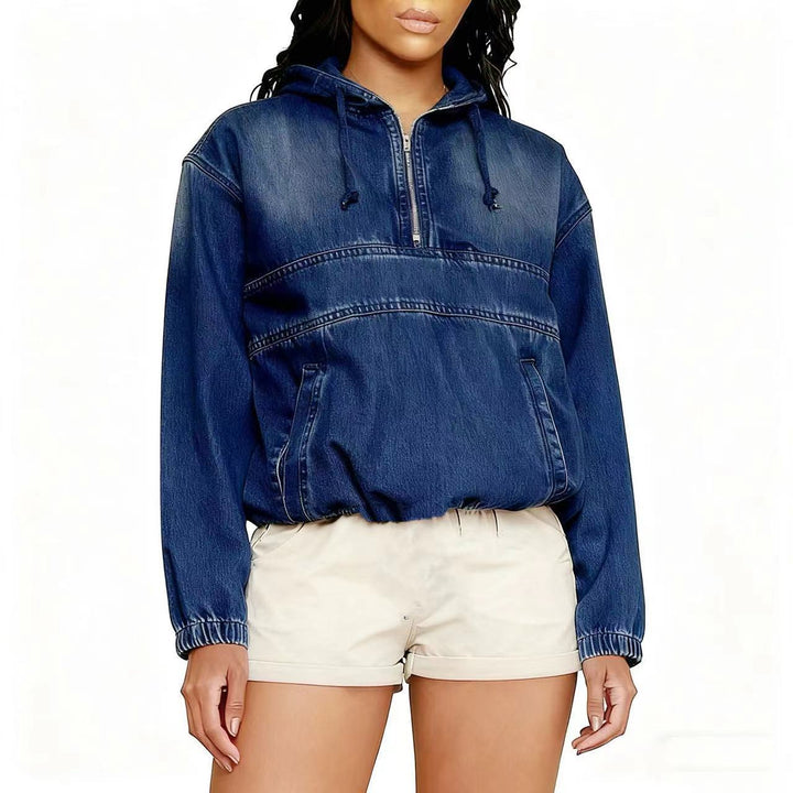 Women's Jeans Hoodie with Half Zip, Hood and Elastic Hem Hudson & Parker