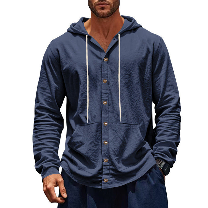 Men's slim-fit hoodie cardigan with full button placket, mounted kangaroo pocket, and lightweight structured knit Hudson & Parker