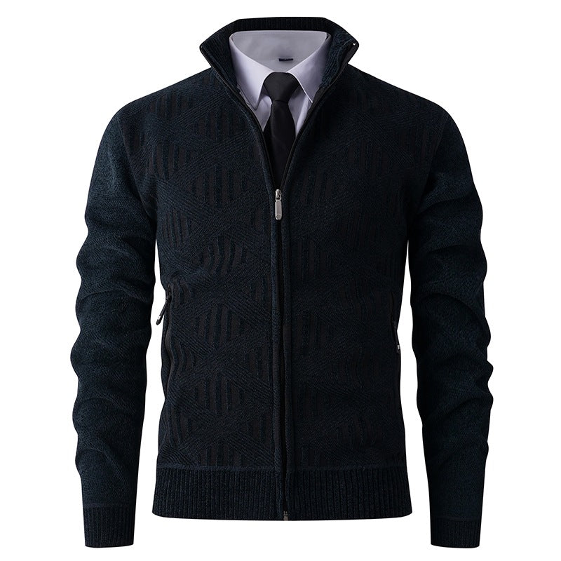 Men's Geometric Jacquard Zip Cardigan with Stand-Up Collar and Zipper Pockets Hudson & Parker