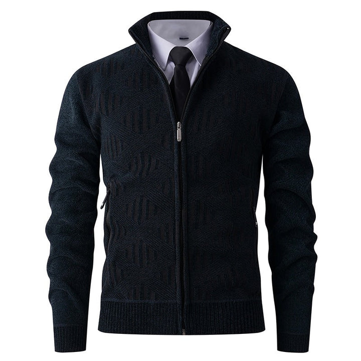 Men's Geometric Jacquard Zip Cardigan with Stand-Up Collar and Zipper Pockets Hudson & Parker