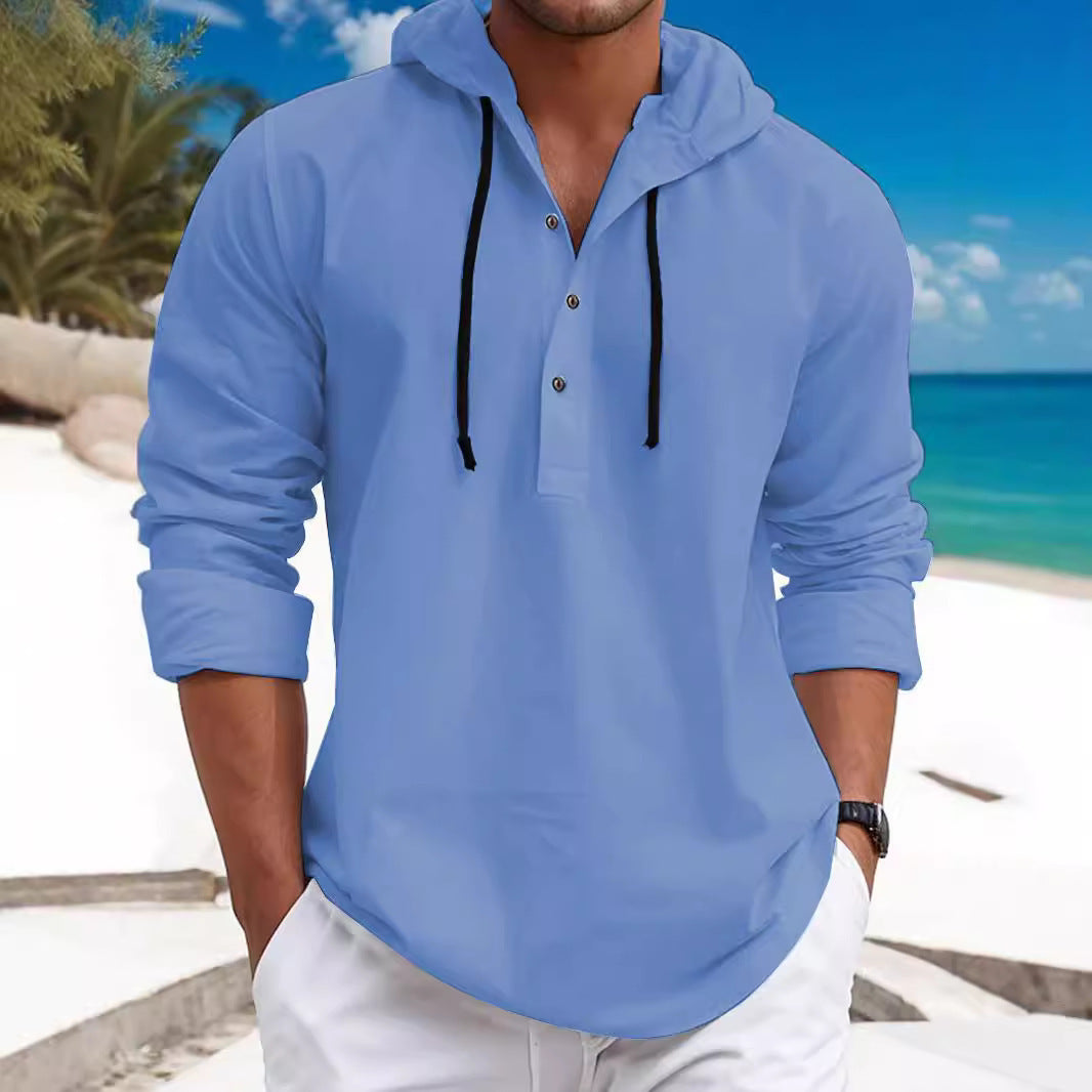 Men's summer hoodie henley with hidden button placket, drawstring and rounded hem Hudson & Parker