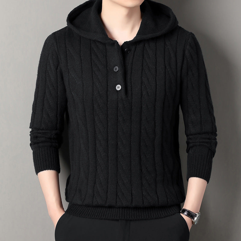 Men's fine knit hoodie with cable pattern, half placket and drawstring Hudson & Parker